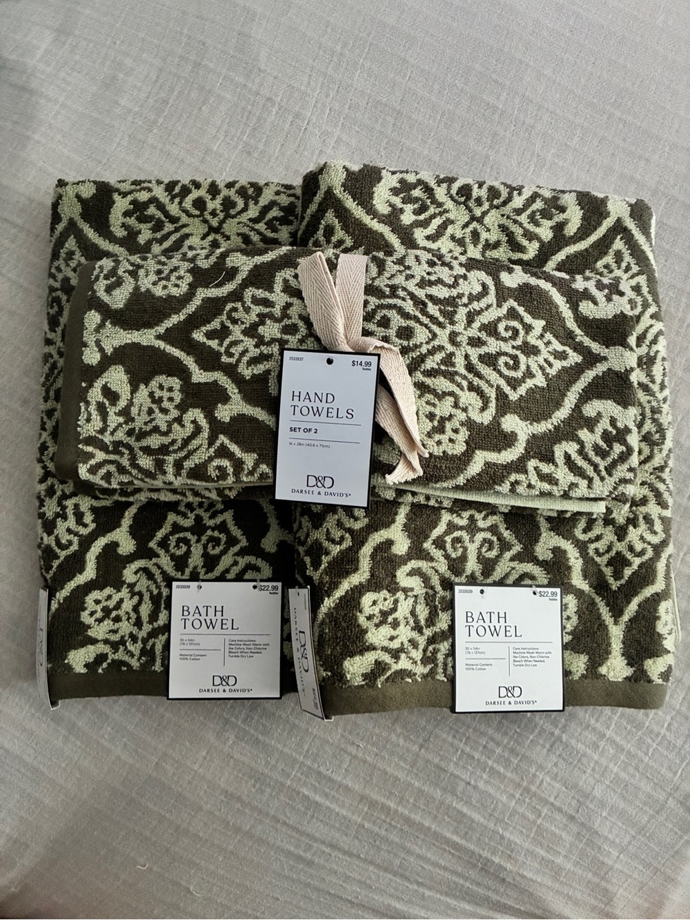100% Cotton Dark Olive/Sage Green Retro Look Medallion Towel Set  NEW NWT $61